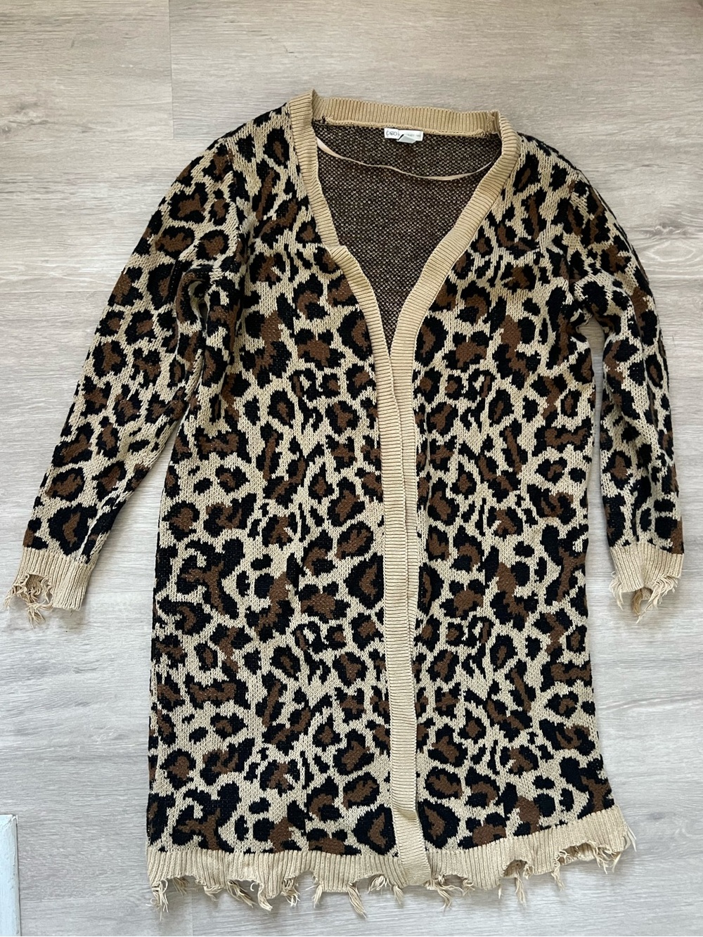 Cato Animal Print Brown Knit Open Cardigan Camel Fringe Trim Med